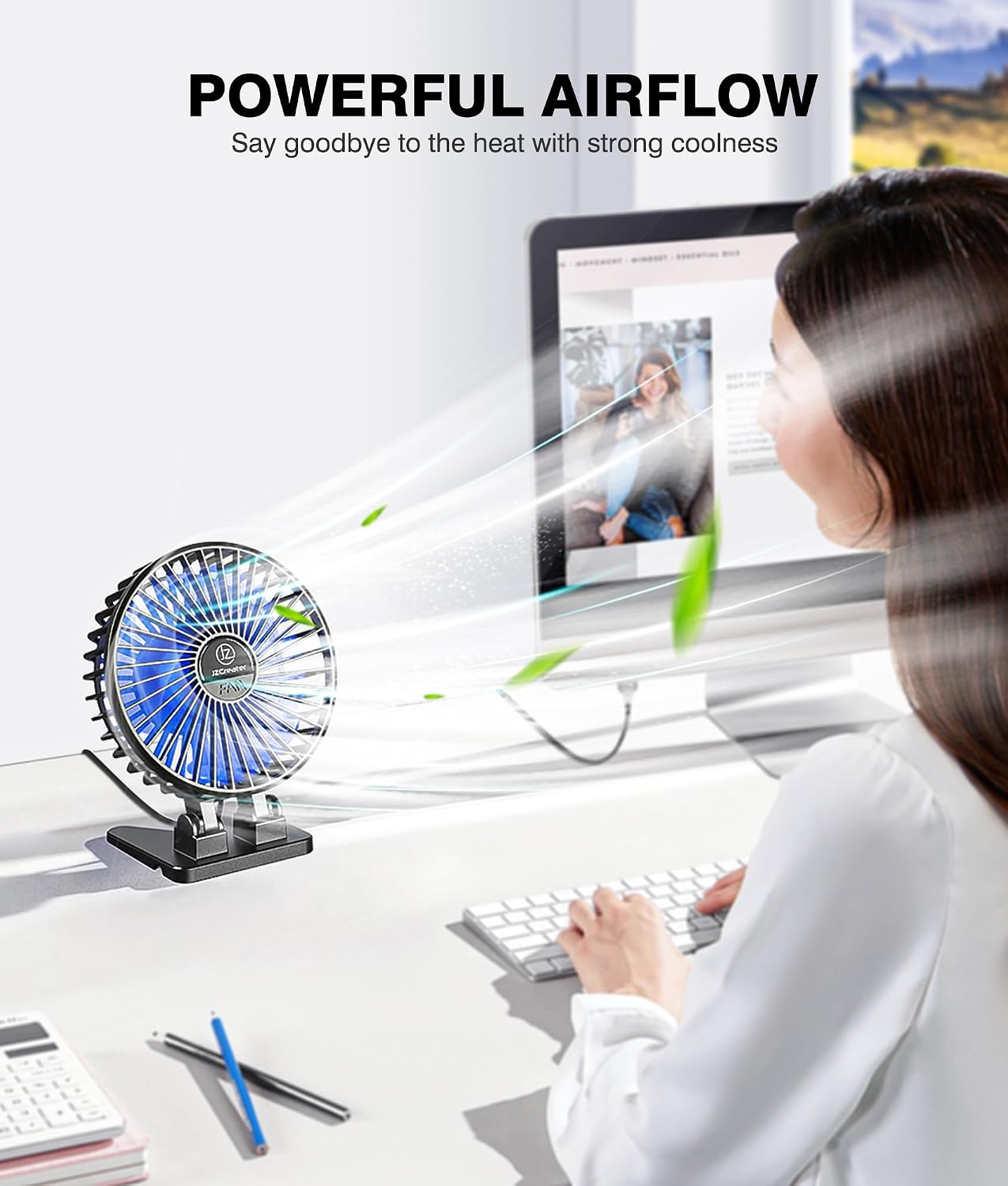 Detalle de JZCreater JZC-B01 USB Desk Fan, 3 Speeds, Compact Black Blue