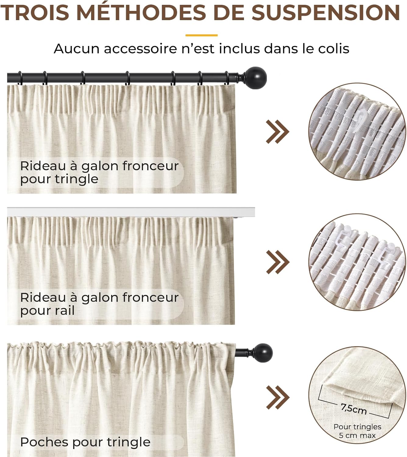 Detalle de INOVADAY Rideaux Aspect Lin Semi-Transparents Lot de 2 – 140L x 260H cm, Naturel