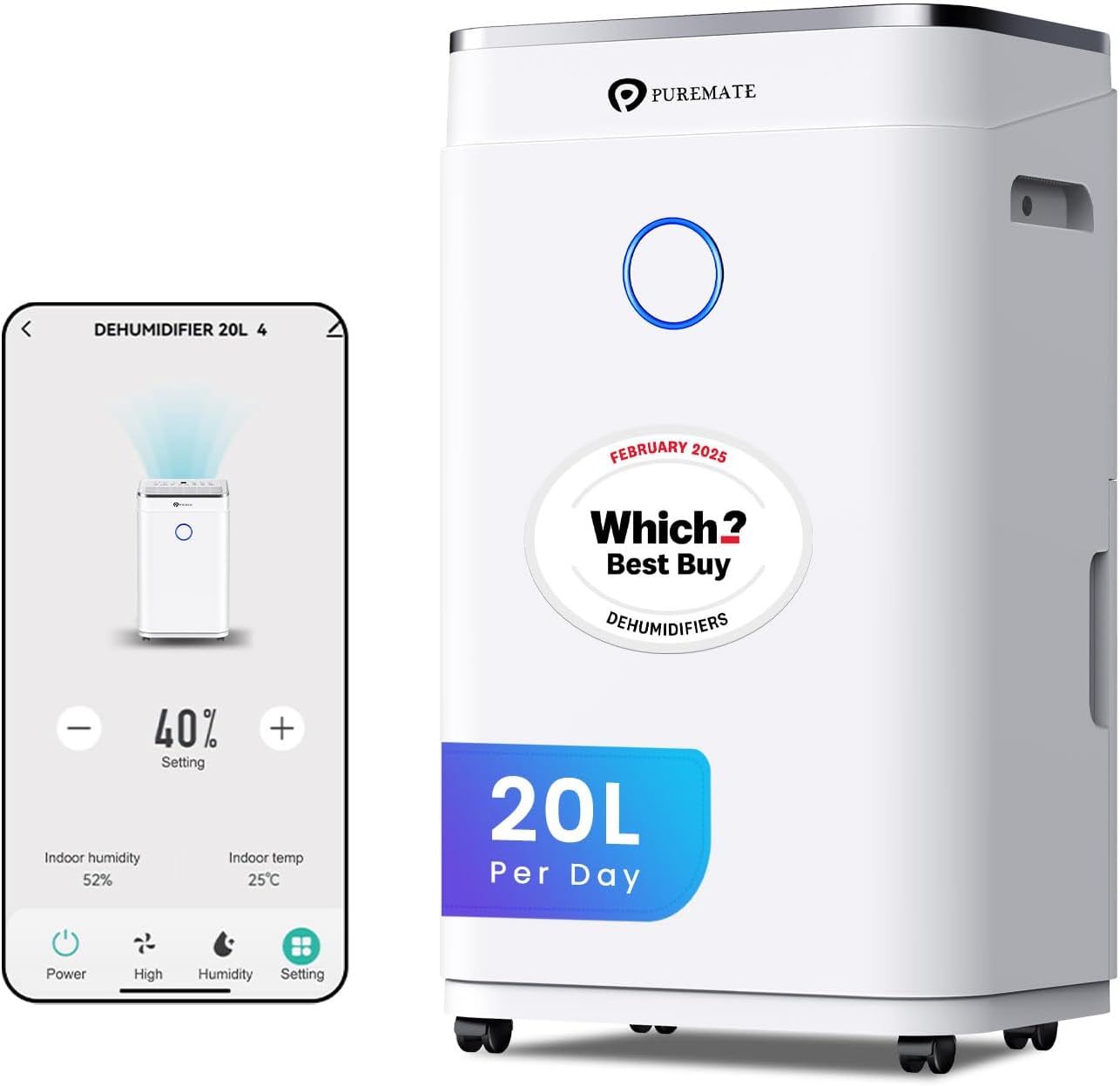 Detalle de PureMate 20L Smart WiFi dehumidifier 6.5L tank 💧