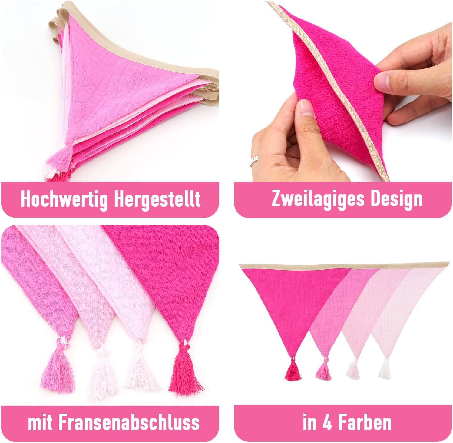 Detalle de jijAcraft Musselin-Wimpelkette fürs Kinderzimmer (rosa) mit Quasten, 2,8 m