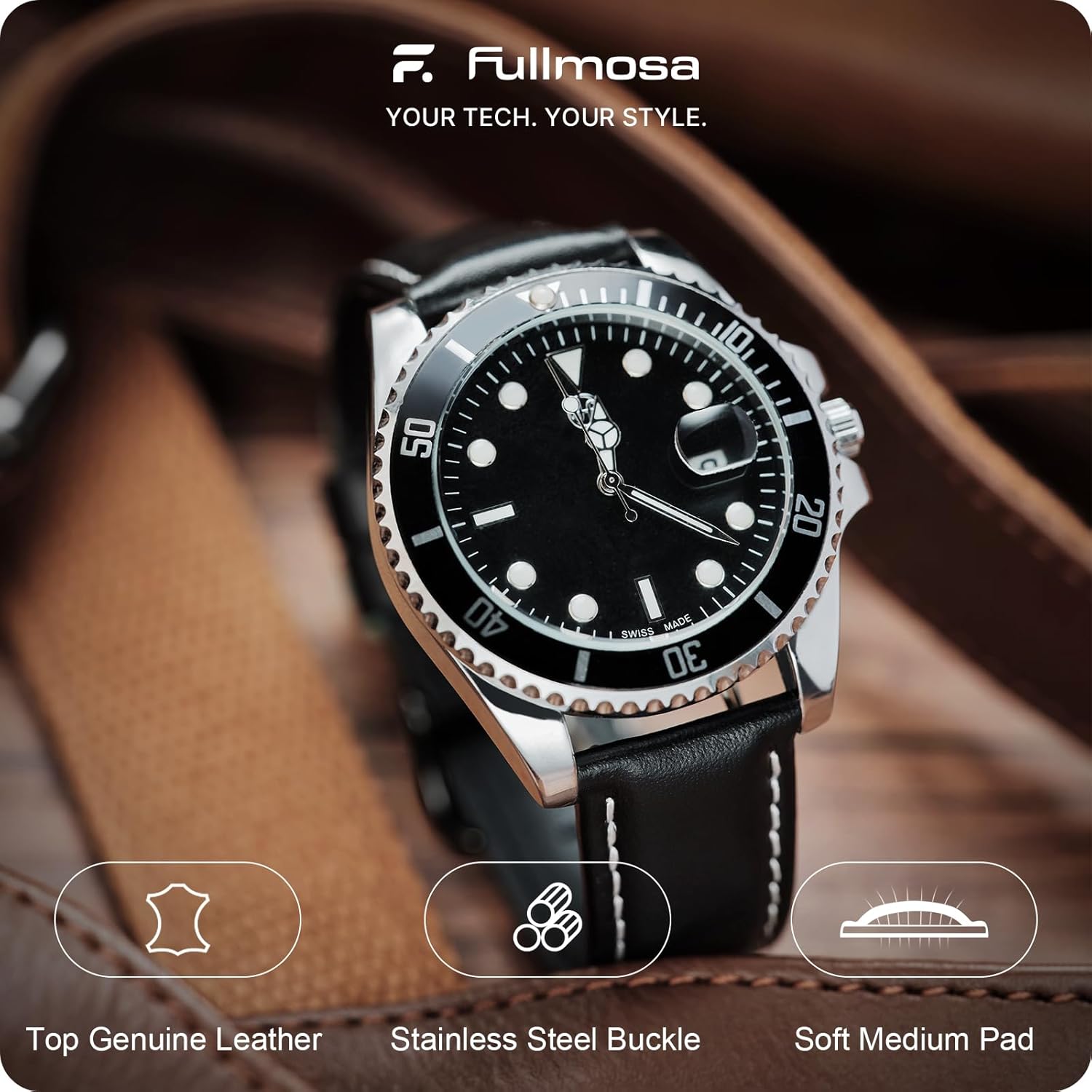 Detalle de Fullmosa Cinturino in Pelle 22mm con Quick Release per Orologi e Smartwatch – Nero