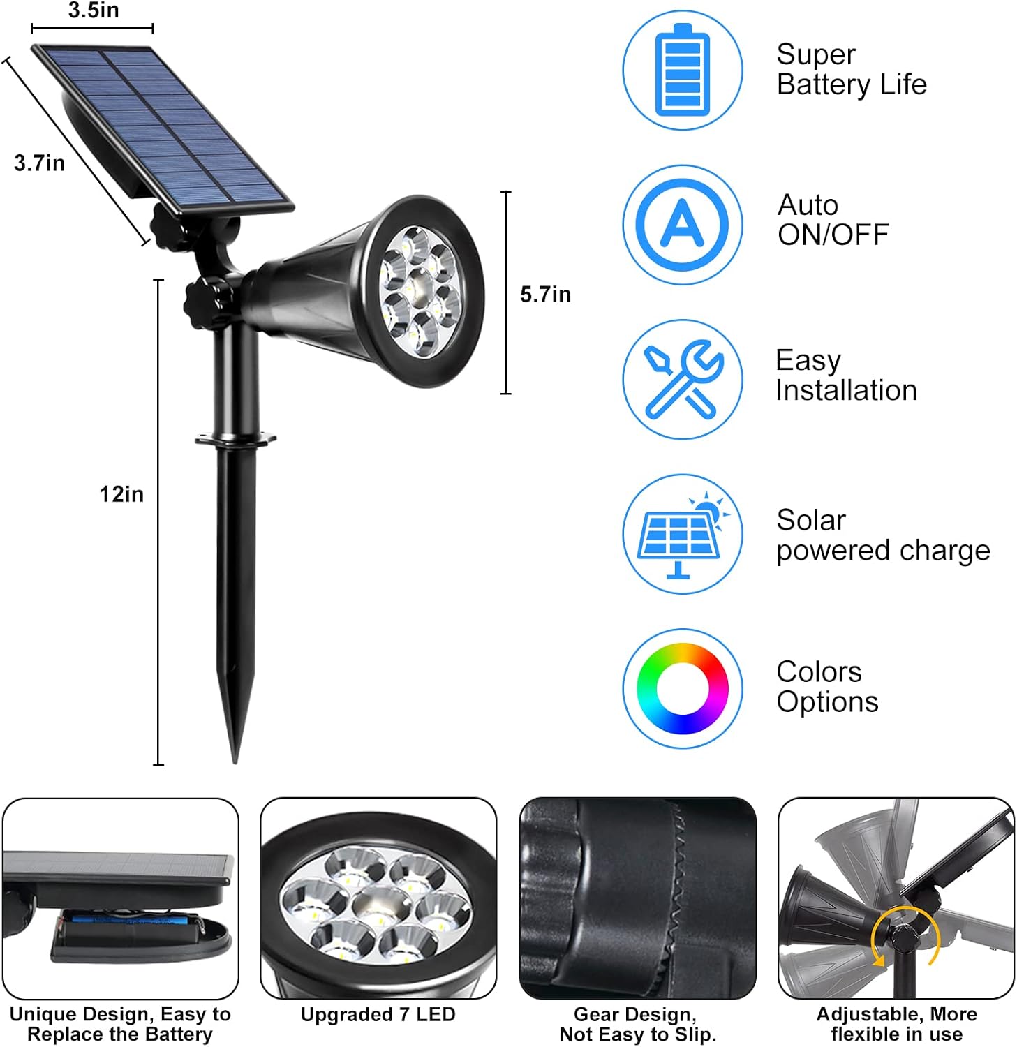 Thumbnail 1 de T-SUNUS Solar Garden Spotlight 7 LED Colour Change (2 Pack) – Adjustable, Auto On/Off, IP55