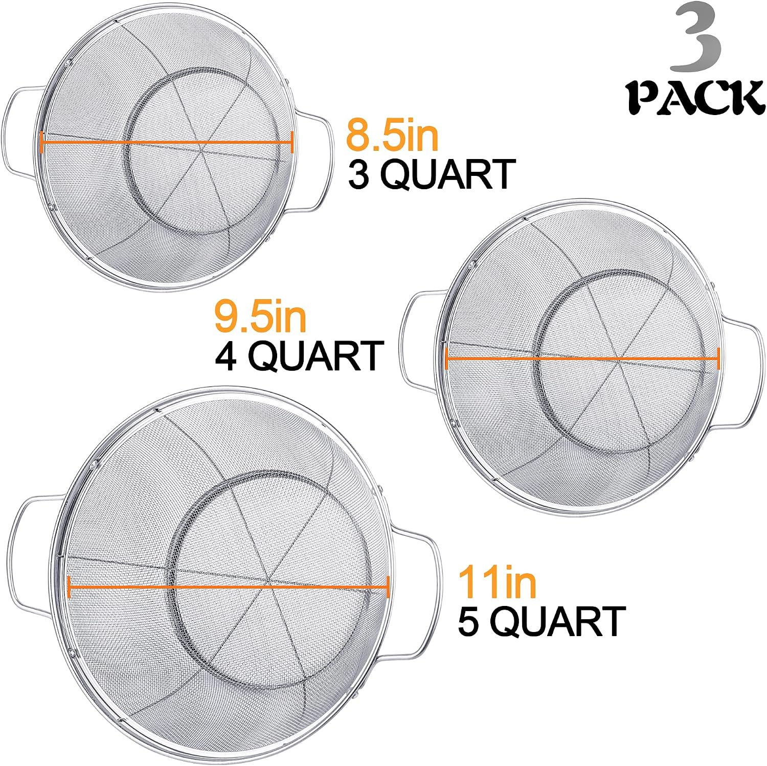 Thumbnail 3 de 3-Pack 18/8 Stainless Steel Colander Sieves (5-Quart, 4-Quart, and 3-Quart) with Handles & Resting Base