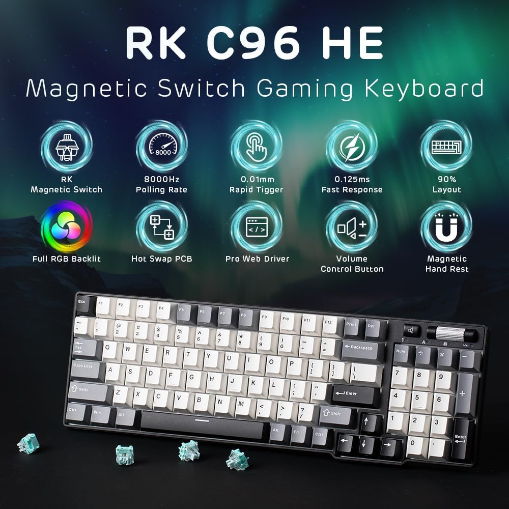 Thumbnail 1 de RK ROYAL KLUDGE C96 HE tastiera meccanica da gioco con interruttori magnetici Hall, RGB cablata 90%, polling 8K e Rapid Trigger
