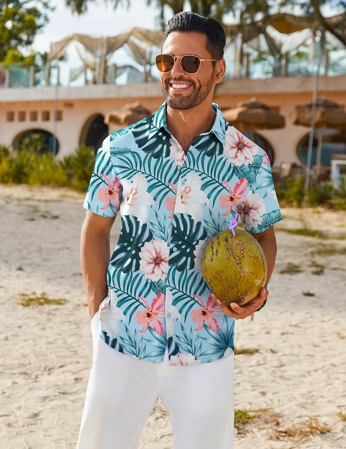 Detalle de COOFANDY Hawaii Hemd Männer – Sommerhemd Kurzarm mit Hawaii-Print und Strandlook