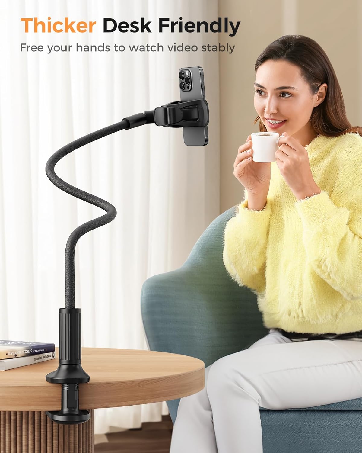 Thumbnail 5 de SAIJI Gooseneck Phone Holder for Bed (38.6” Leather-Wrapped Arm, 360° Clamp, 4–7” Devices)