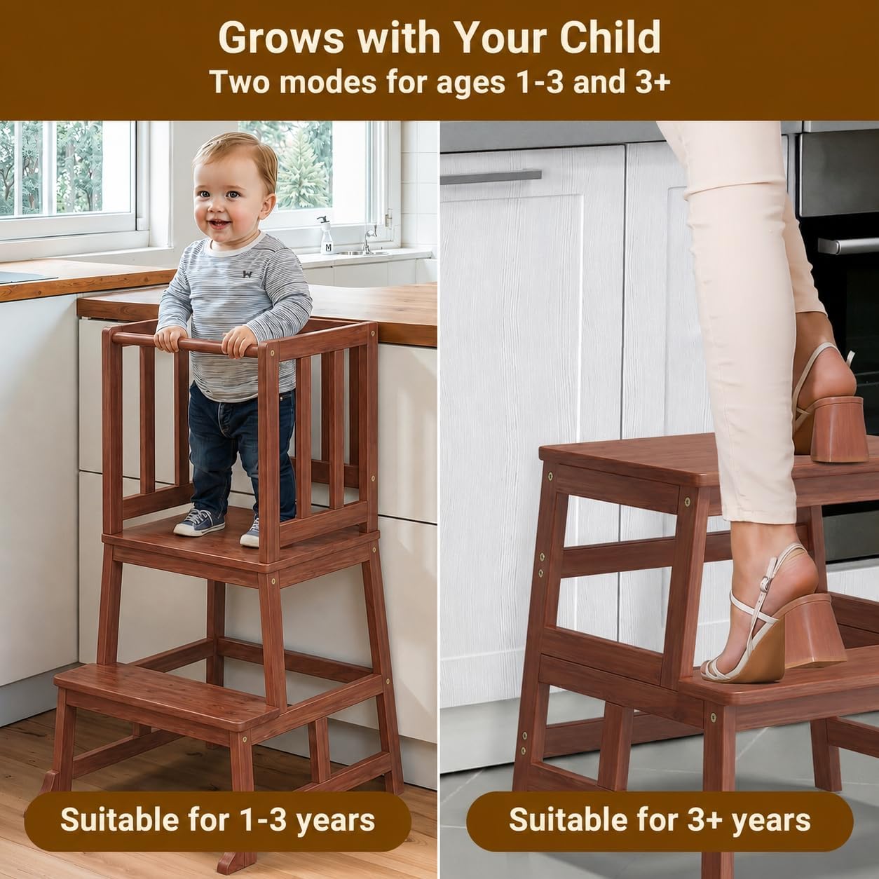 Thumbnail 6 de COSYLAND Toddler Standing Tower for Kitchen – Wooden Learning Stool in Brown