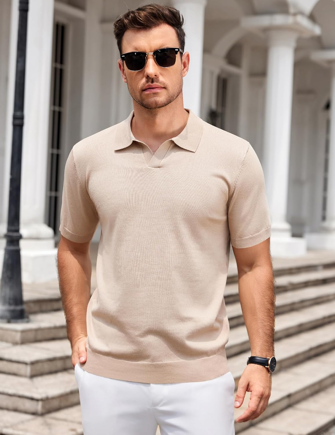 Thumbnail 1 de COOFANDY Men's V Neck Short Sleeve Stretch Knit Polo Shirt