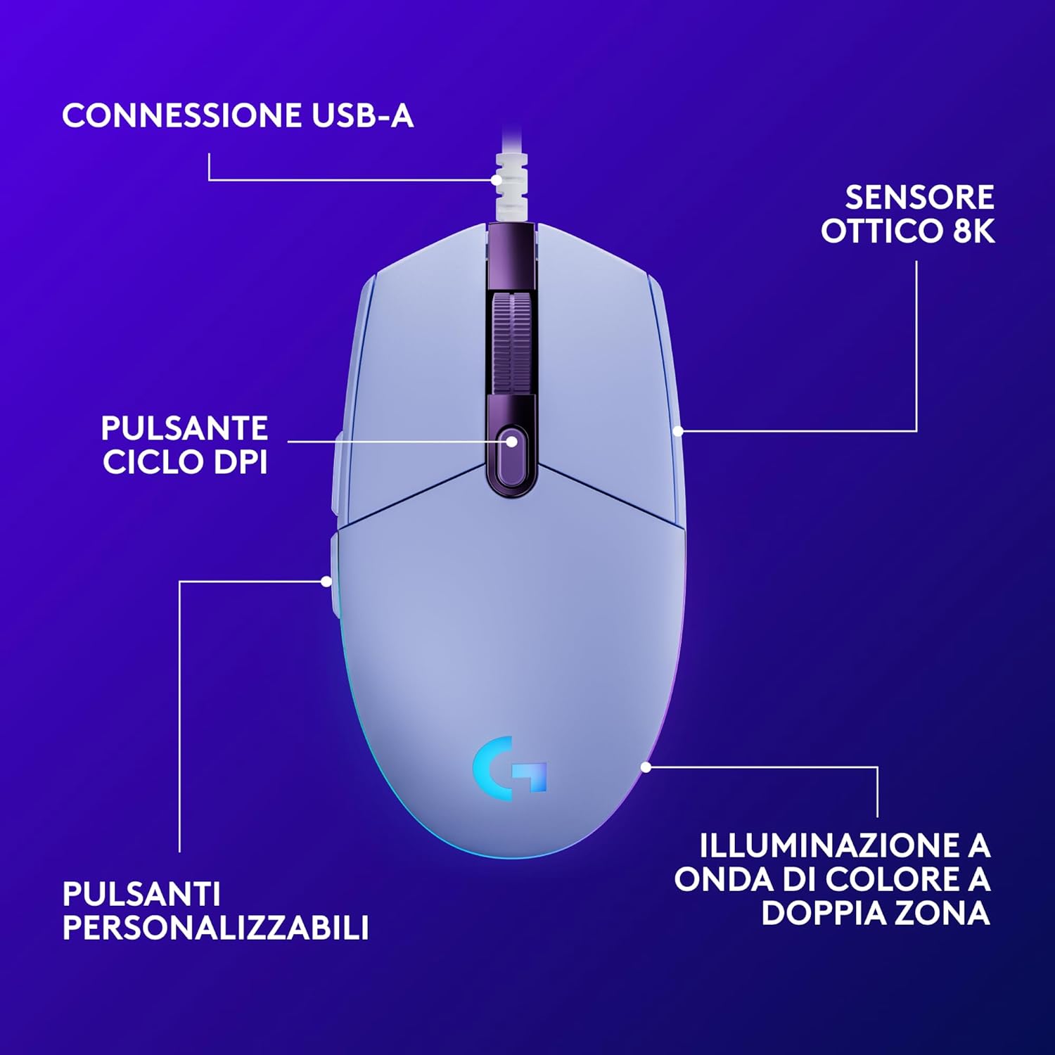 Detalle 2 de Logitech G G203 LIGHTSYNC RGB gaming mouse con illuminazione personalizzabile e sensore fino a 8.000 DPI (lilla)