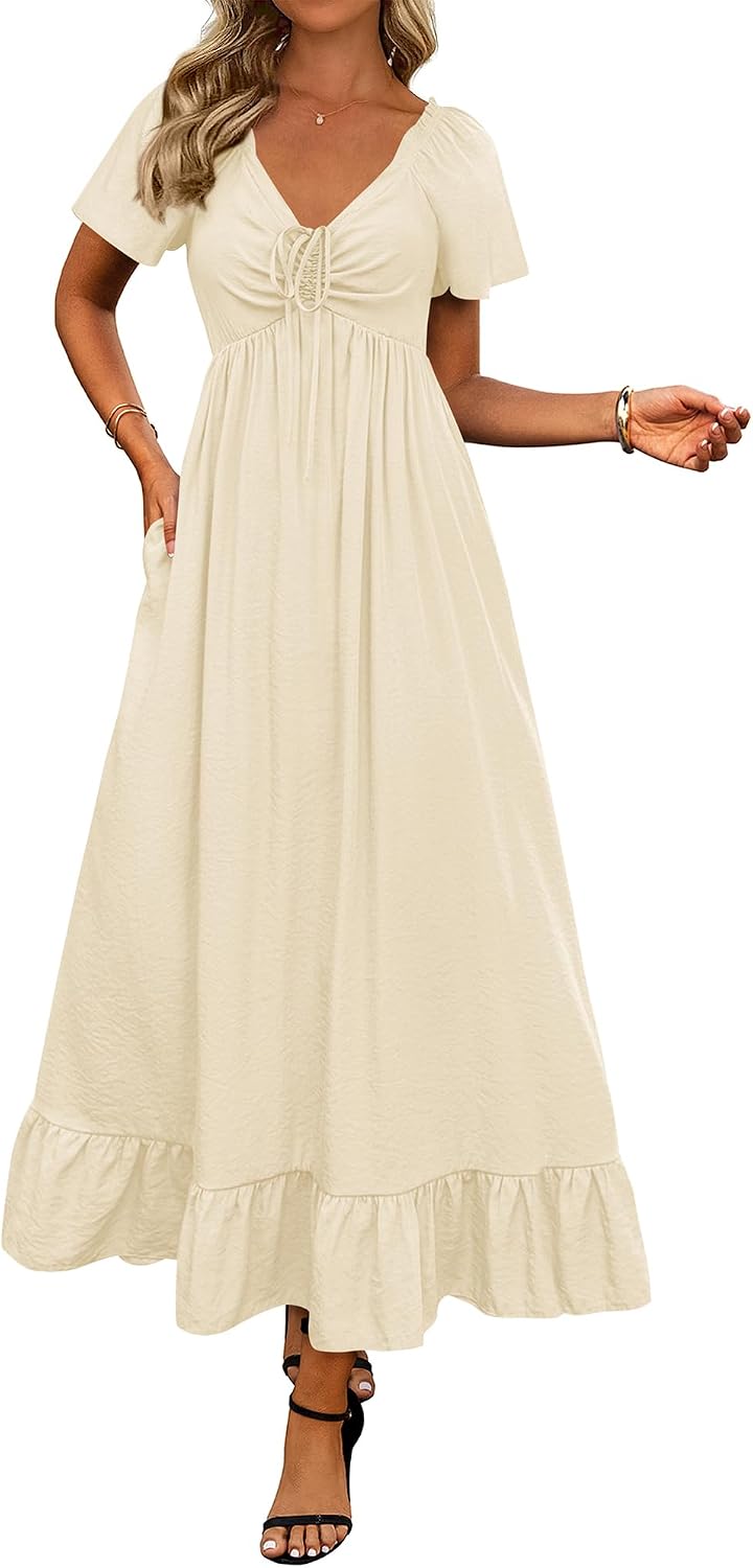 Detalle de BTFBM Women's Summer Maxi Dress 2026: Casual V-Neck Drawstring Boho Beach Gown