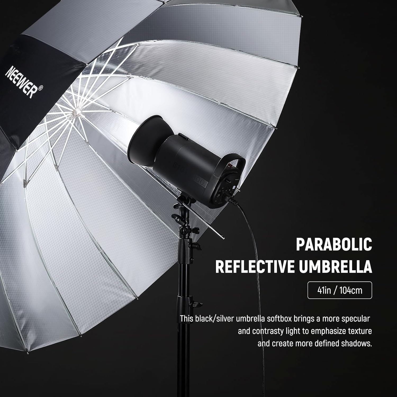 Thumbnail 1 de NEEWER 104 cm parabolischer Reflektorschirm (Studio-Regenschirm) mit Silber-Innenseite und Diffusor NS1U