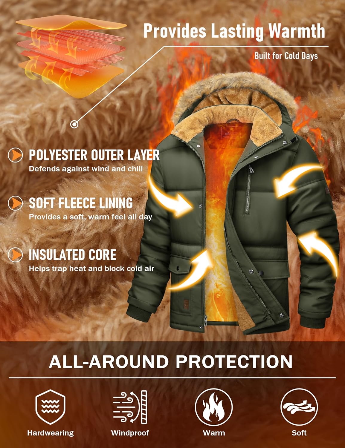 Detalle 2 de MAGCOMSEN Men's Winter Jacket with Removable Hood, Windproof, Water-Repellent