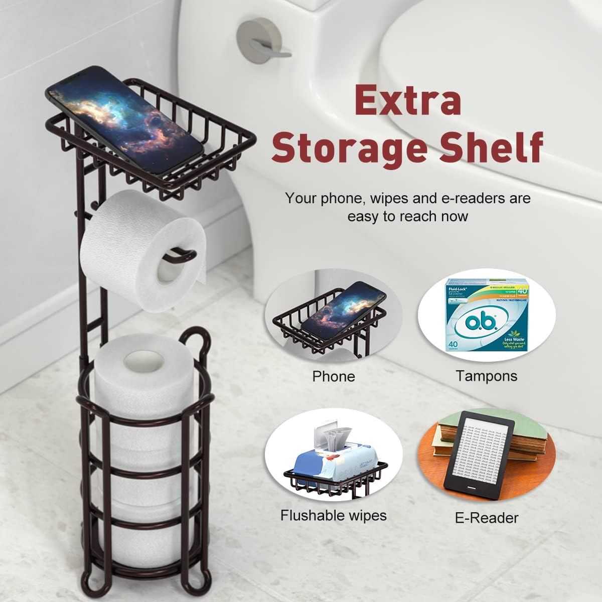 Thumbnail 3 de TreeLen TPH01 Freestanding Toilet Paper Holder with Shelf, Bronze Metal