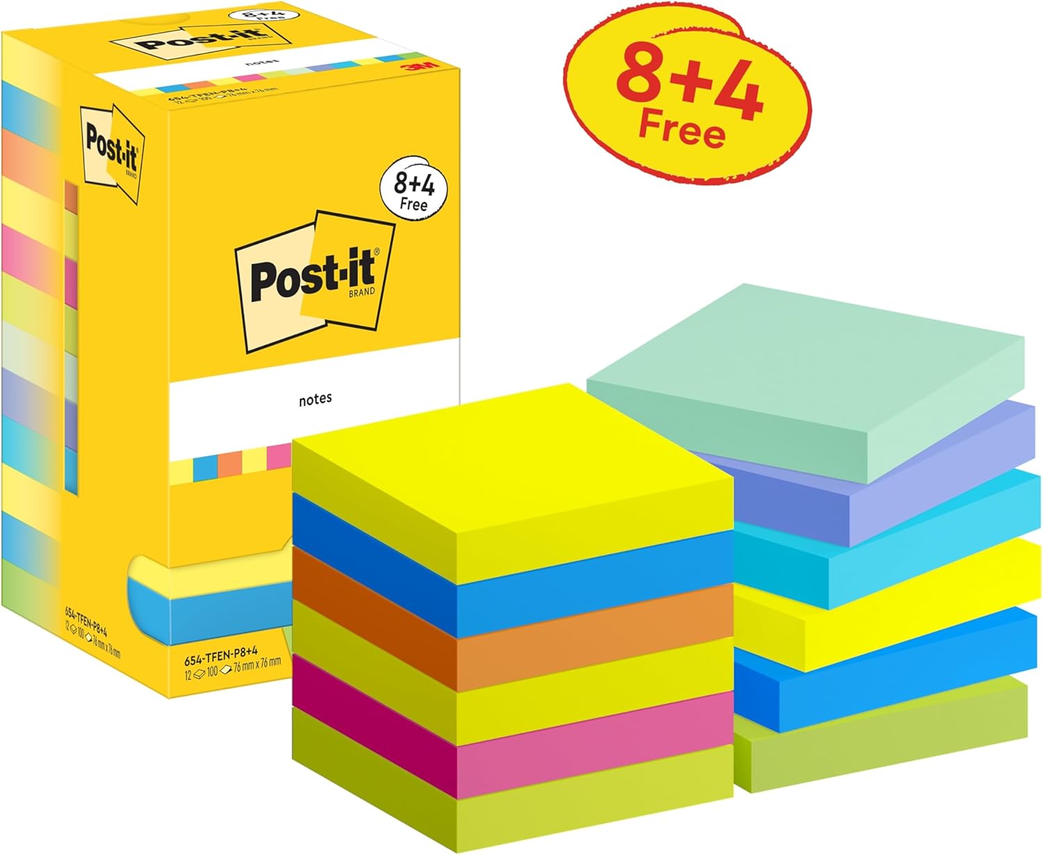 Thumbnail 1 de Post-it Notes autocollantes Couleurs Energetic – pack de 8 blocs + 4 gratuits (76 x 76 mm)