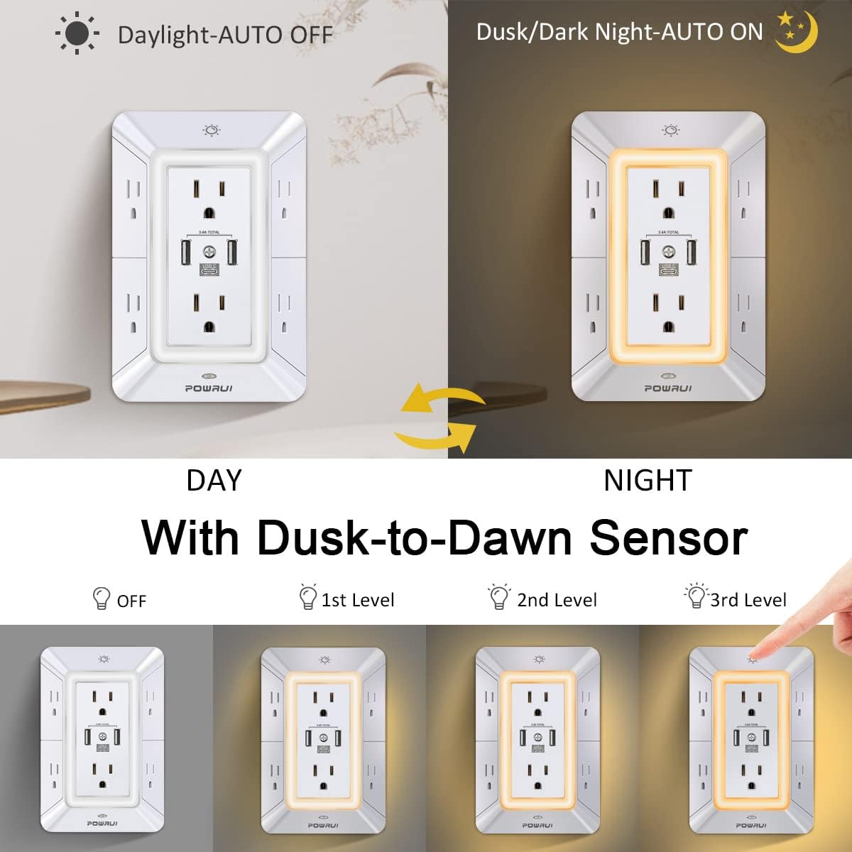 Detalle de POWRUI AHR-508 3-Sided Outlet Extender with Surge Protection, USB-C & Night Light