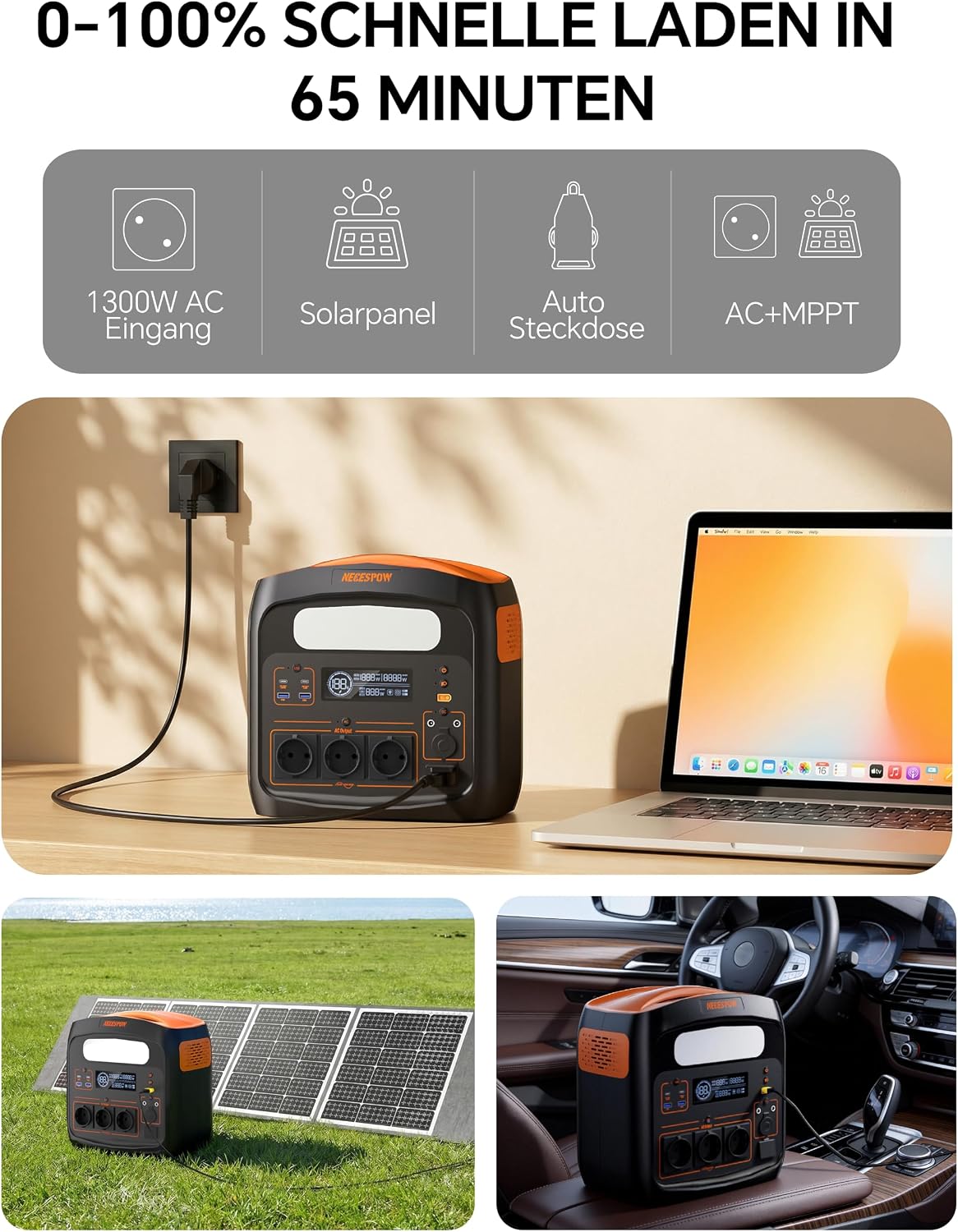 Detalle de Tragbare Powerstation 1800W (3600W Spitzenleistung) mit 1102,5Wh LiFeMnPO4 Akku – Schnellladung & Solarunterstützung