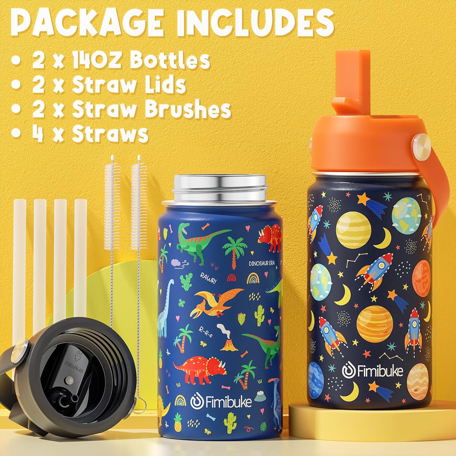Thumbnail 5 de Fimibuke Kids Insulated Water Bottle (14oz) BPA-Free Double Wall Vacuum Tumbler, Leak-Proof Straw Lids (2-Pack)