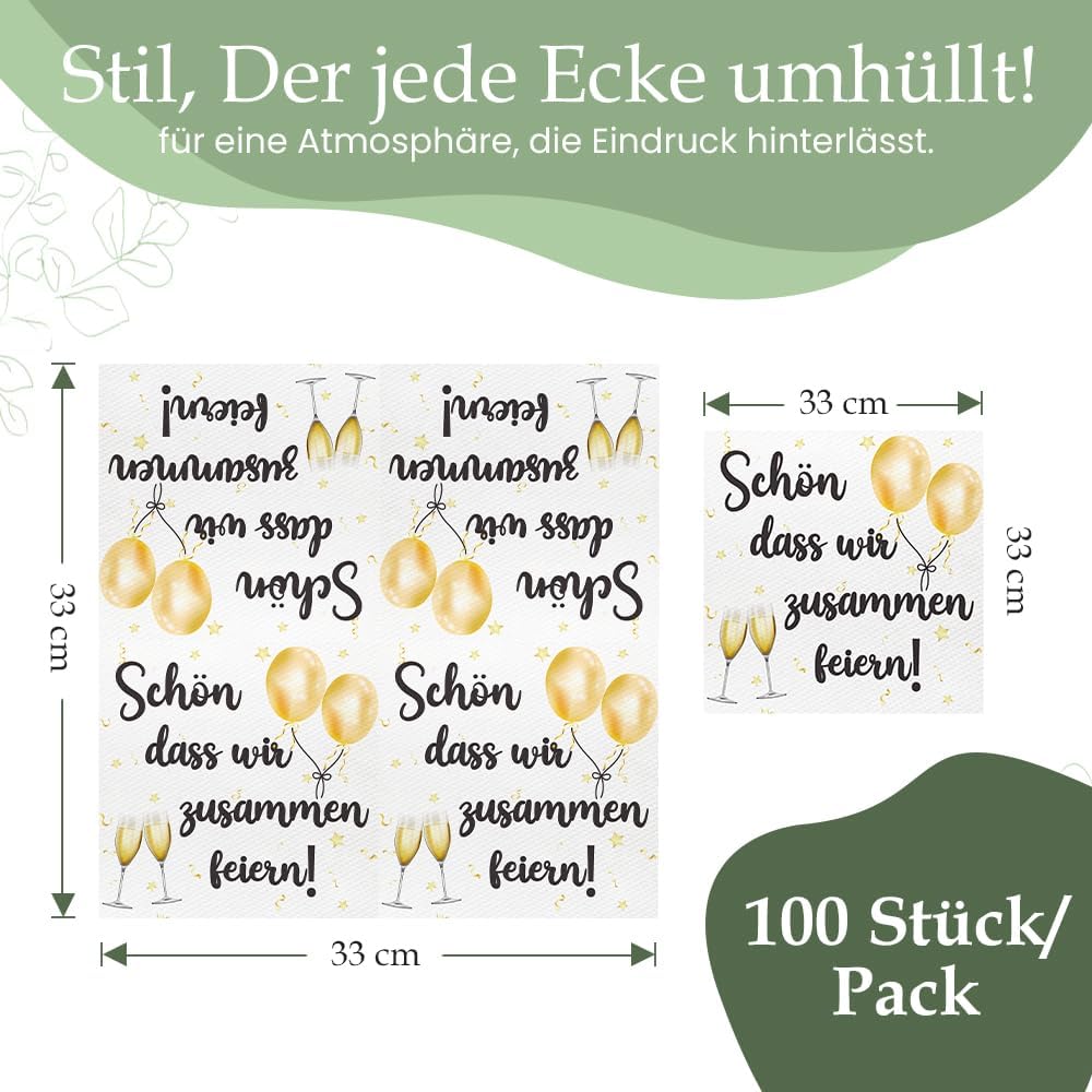 Detalle 2 de Plantvibes Servietten „Schön, dass wir zusammen feiern“ – 100 Stück, 33 × 33 cm, 3-lagig