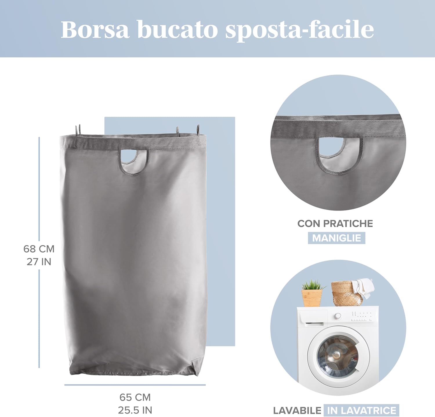 Thumbnail 5 de Lonbet cesto portabiancheria grigio XL da 100 litri con coperchio e manici