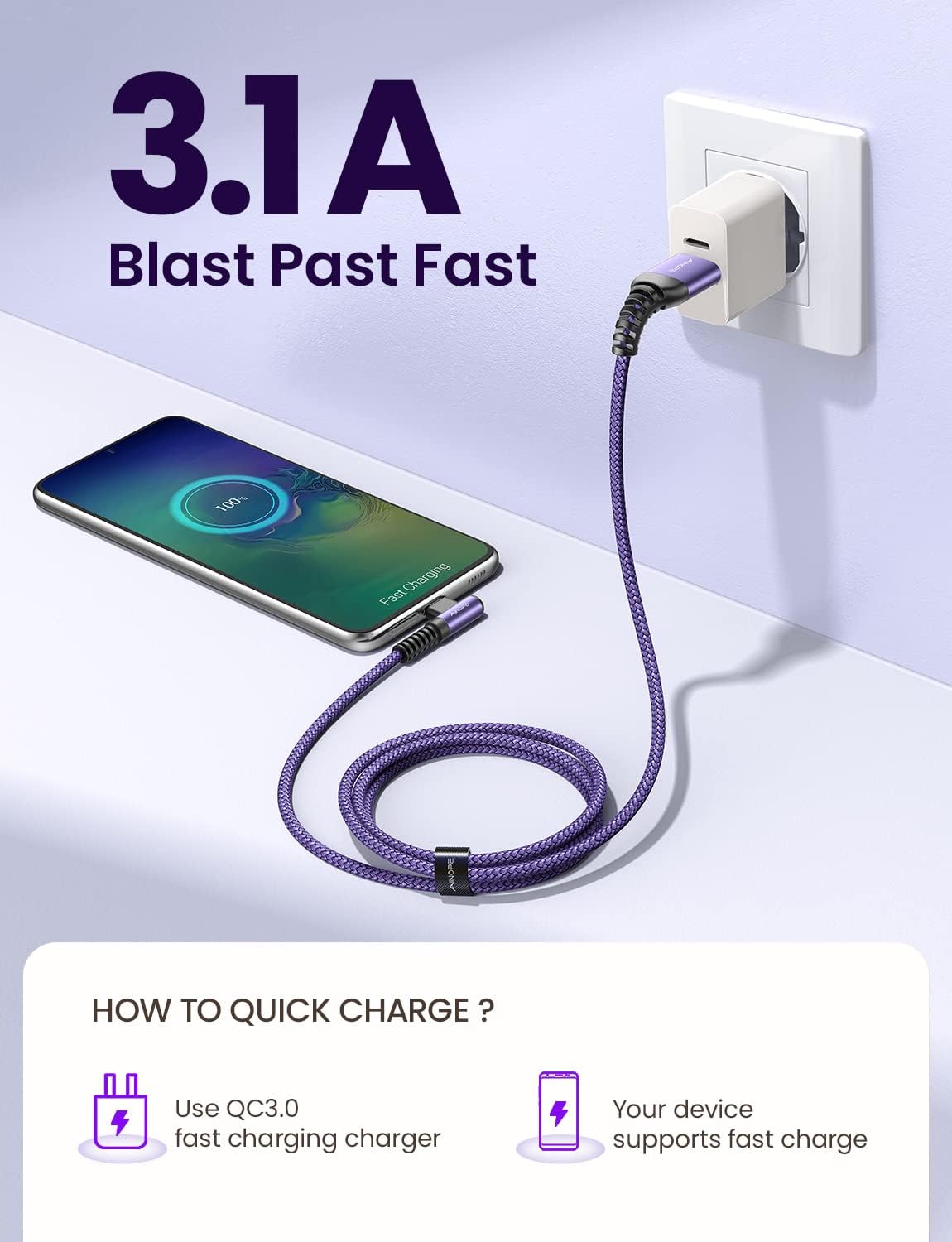 Thumbnail 3 de AINOPE USB-auf-USB-C-Kabel (2er-Set, 2 m) mit 3,1 A Schnellladung und rechtwinkligem 90°-Design