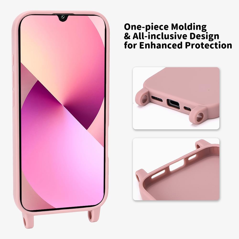 Detalle de Handykette mit Kordel für Samsung Galaxy A17 5G – Herzmuster Silikonhülle mit abnehmbarer Kette, rosa