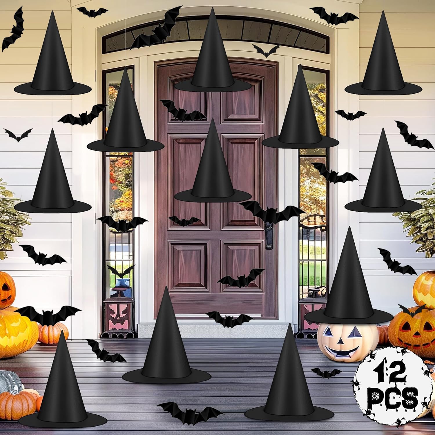 Detalle de Hzuooii Halloween Witch Hat Decorations, 12 Hats and 24 3D Bat Stickers