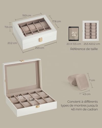 Detalle 2 de SONGMICS Boîte à Montres 10 Emplacements JWB010W01 – Coffret écrin avec couvercle en verre et serrure en métal