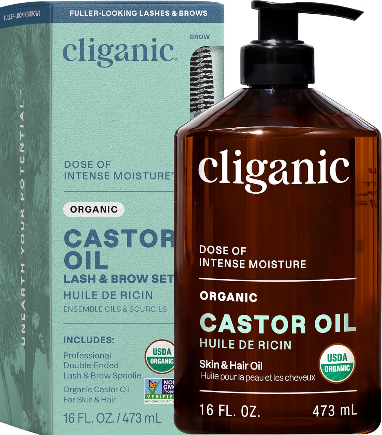 Detalle de Cliganic Castor Oil, 16 oz Organic Cold-Pressed Oil with Lash & Brow Kit