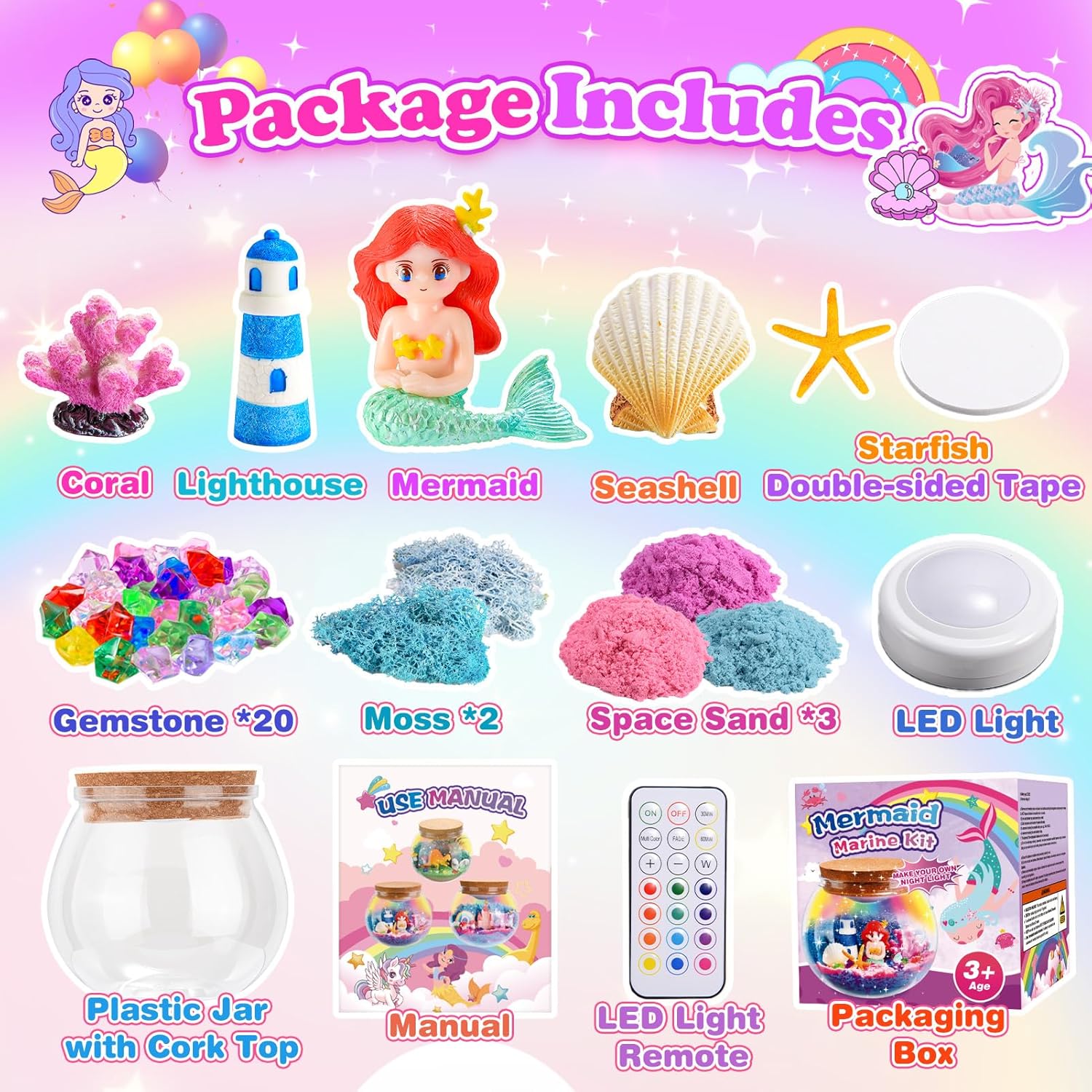 Detalle de HappyGoLucky Mermaid Terrarium Kit & Night Light — 3-9 Year Old Girls Gift