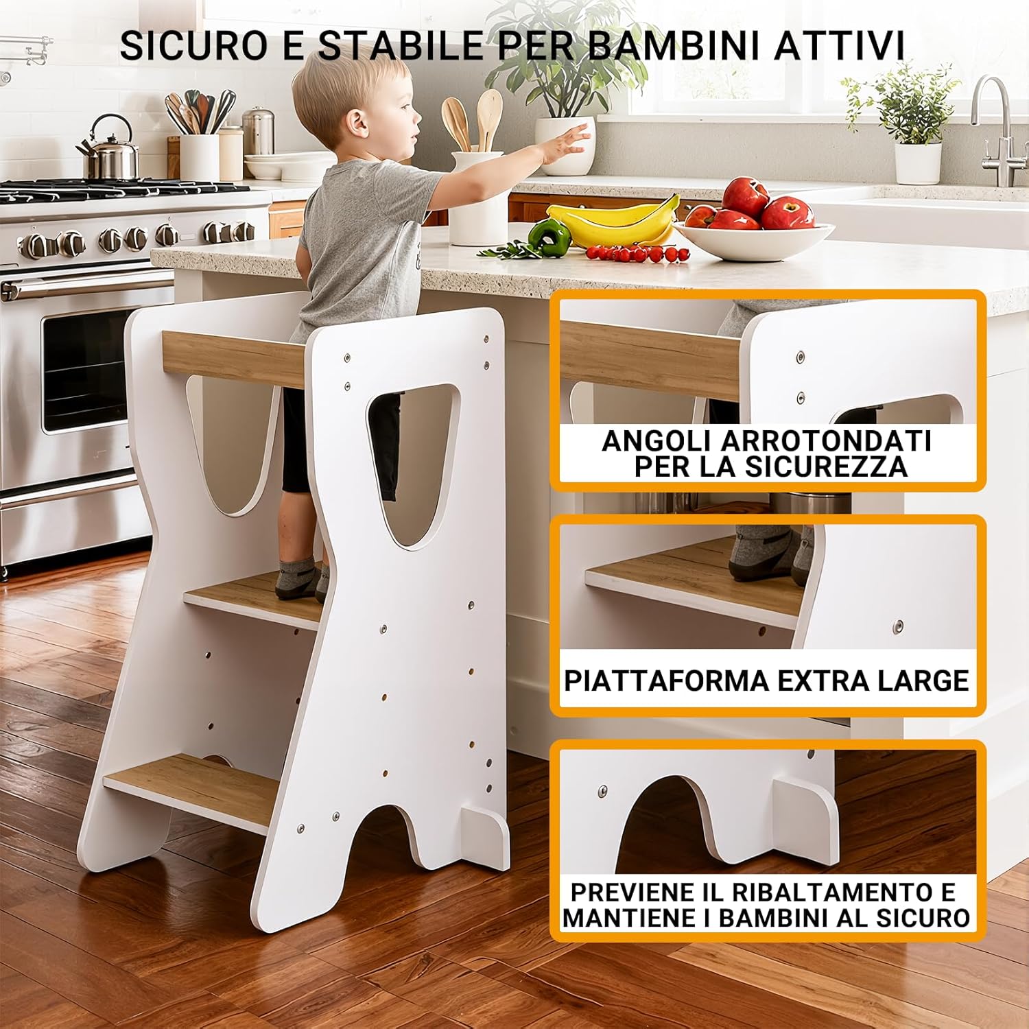 Detalle de COSYLAND Torre Montessoriana Bambini - Torretta in Legno Naturale, 3 Altezze Regolabili, Bianco e Naturale