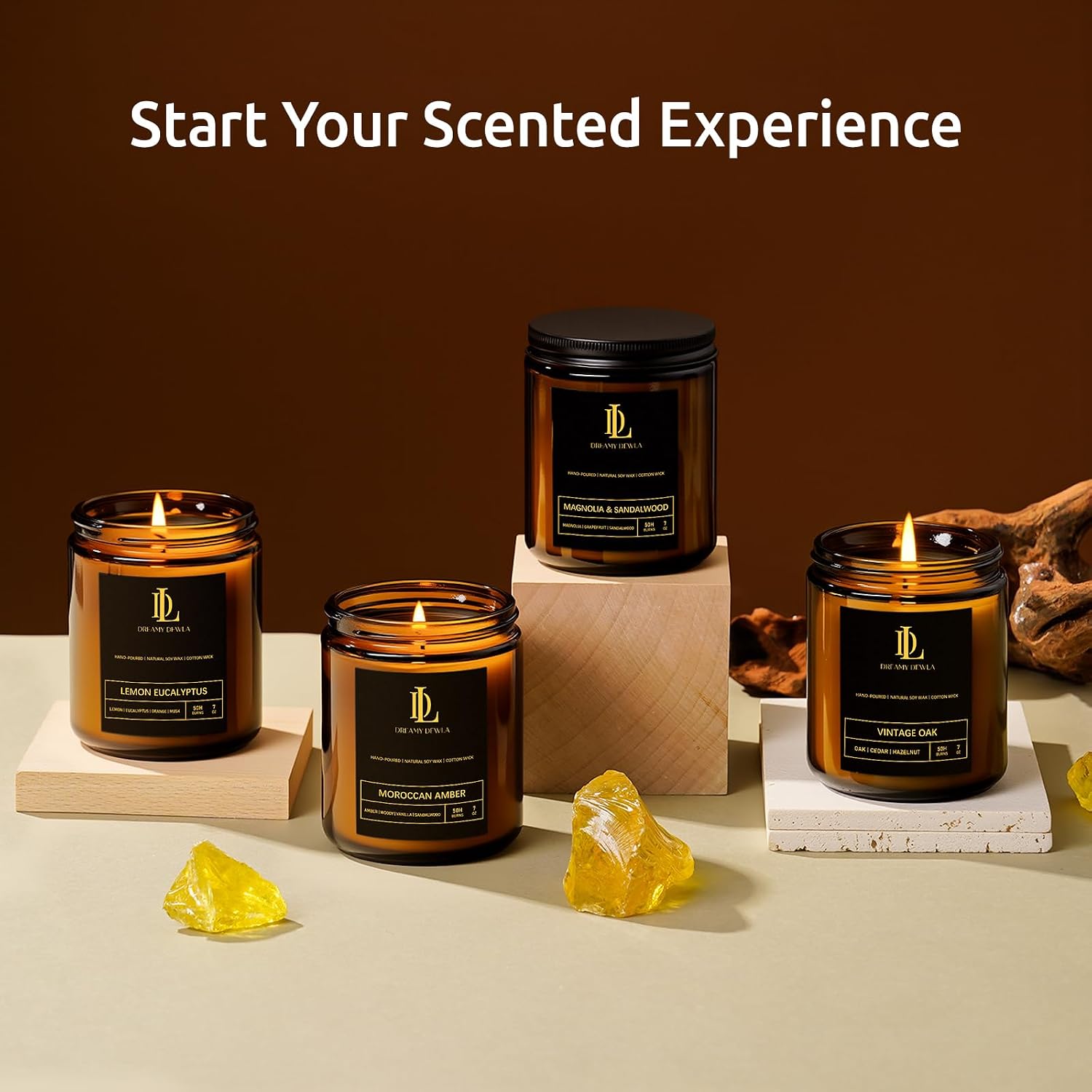 Detalle de DL DREAMY DEWLA Moroccan Amber Soy Wax Candle, 7 oz Glass Jar