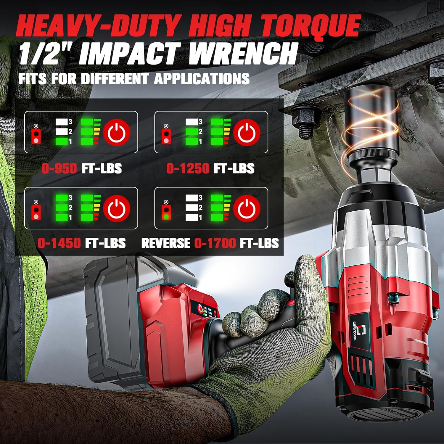 Detalle 2 de Cordless Impact Wrench 1/2 Inch — 1700 FT-LBS Heavy-Duty, Milwaukee 18V Compatible (Bare Tool)
