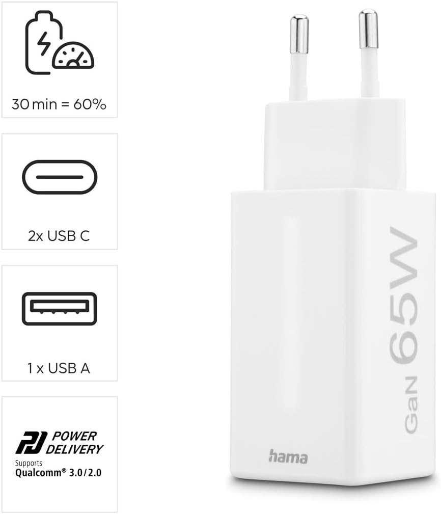 Thumbnail 5 de Hama chargeur USB‑C rapide 65 W GaN à 3 ports (2x USB‑C + 1x USB‑A) blanc