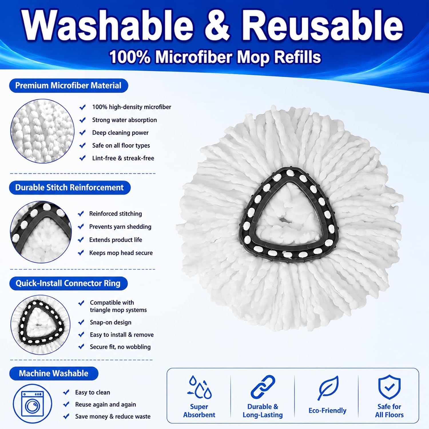 Detalle de 12 Pack Spin Mop Replacement Heads – 100% Microfiber, 360° Spin, Triangle Mop Refills