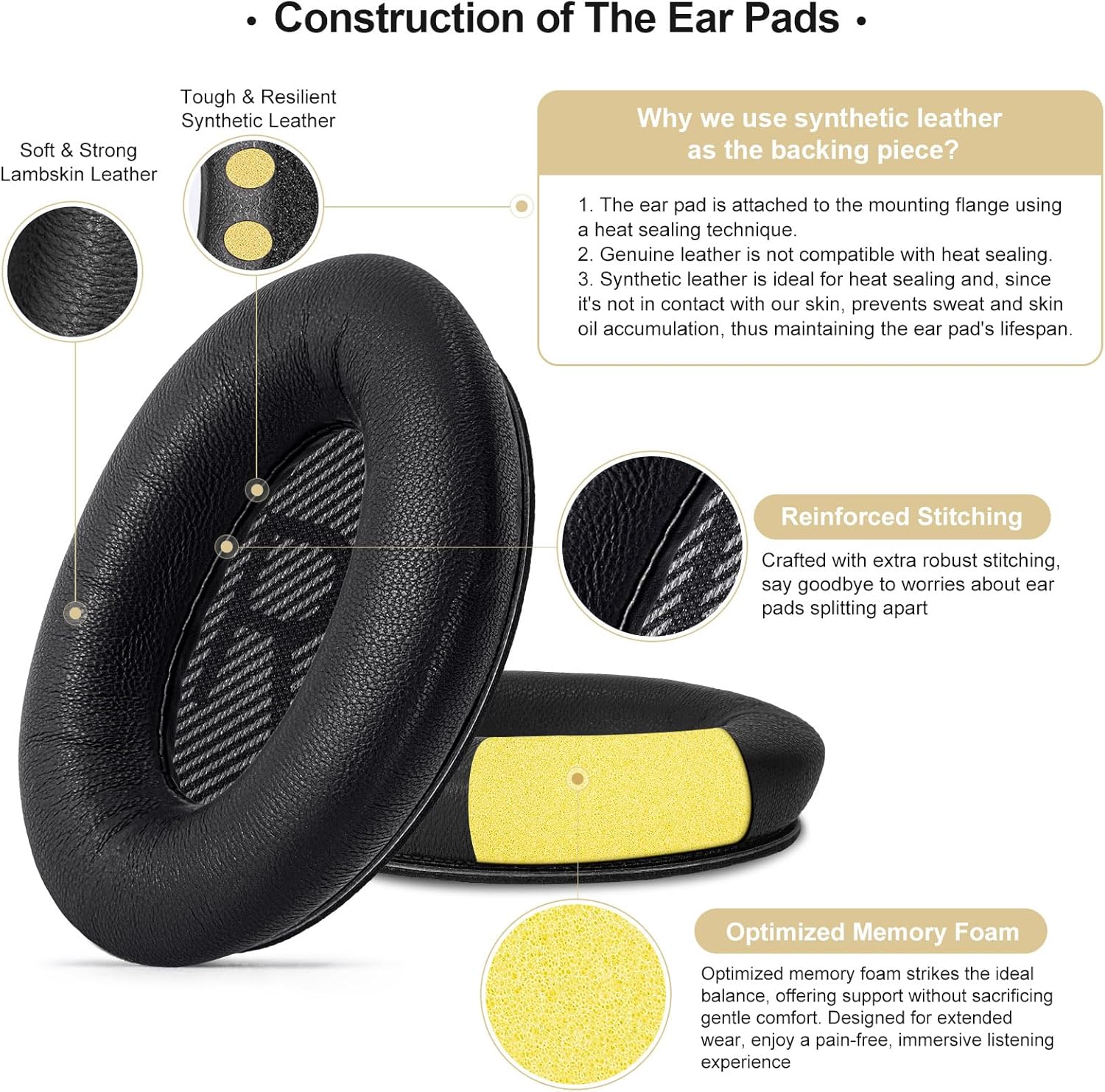 Thumbnail 3 de Coussinets de remplacement Aurivor en cuir d’agneau/piel d’agneau pour casques Bose QuietComfort et SoundLink (noir)