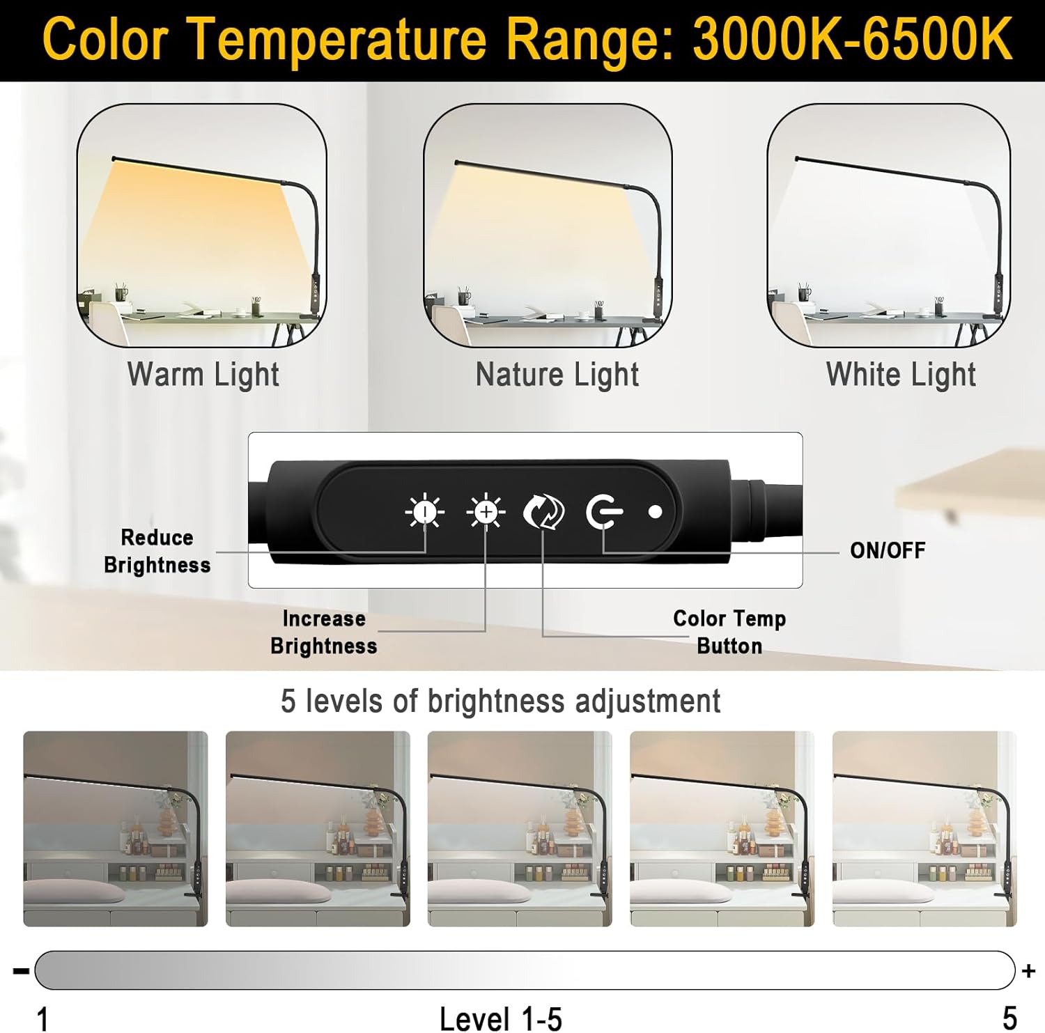 Thumbnail 2 de CGBE Extra-lange Nageltischlampe 60 cm – 360° Schwanenhals, Klemme, 3 Farbmodi, 5 Helligkeiten