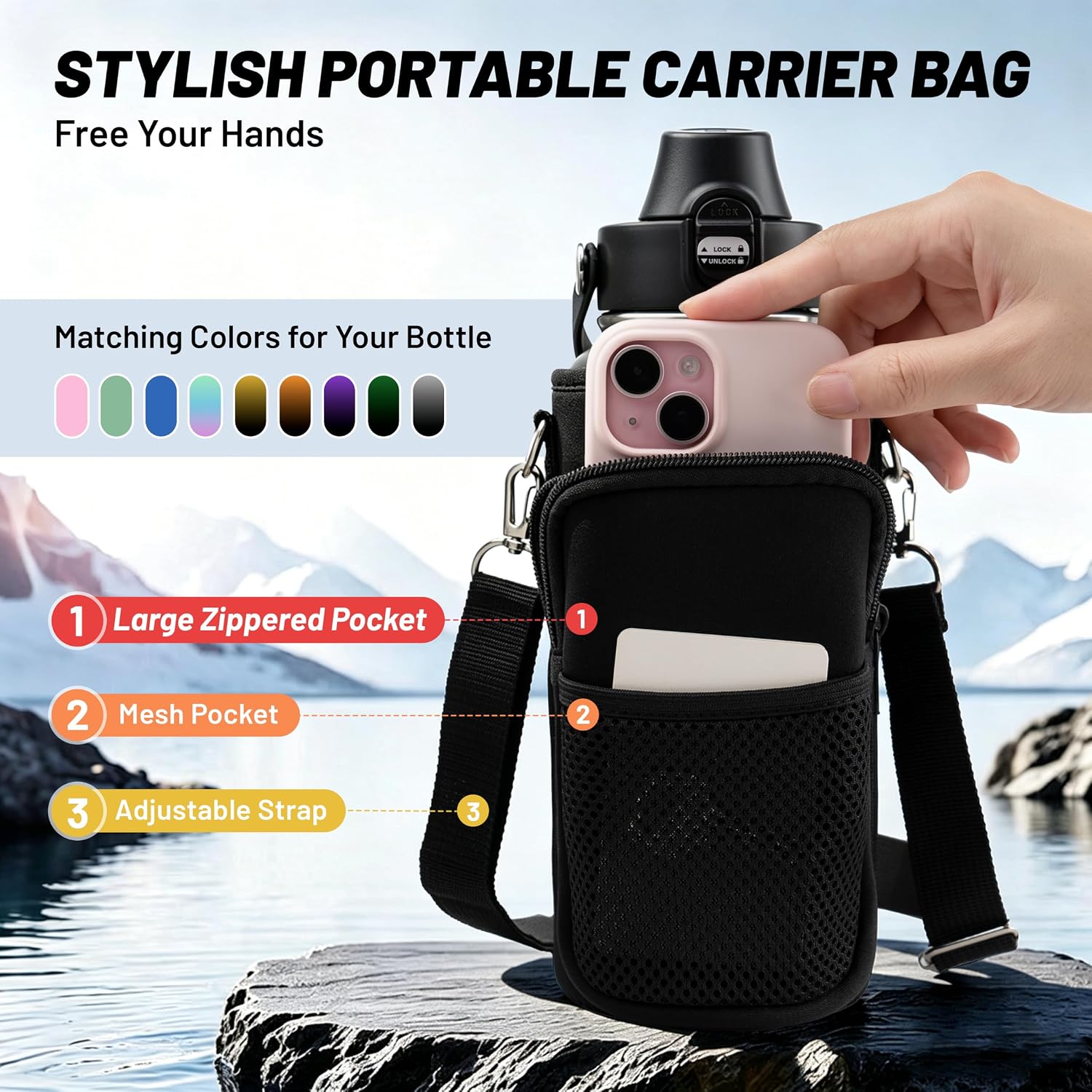 Thumbnail 1 de WONSYGO 32-BK01 Insulated Stainless Steel Water Bottle, 32 oz, with Carrier Bag