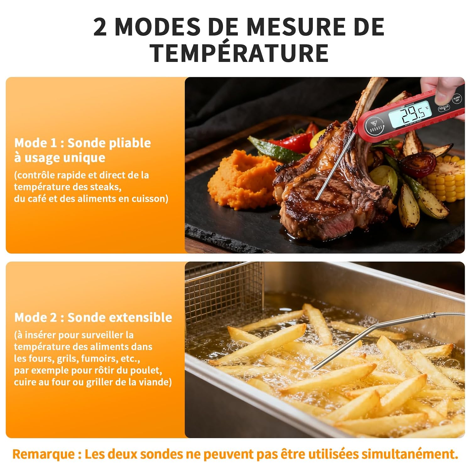Thumbnail 3 de DOQAUS Thermomètre Cuisine Double Sondes Pliable – Lecture Instantanée 3s, Alarme et Cable Résistant