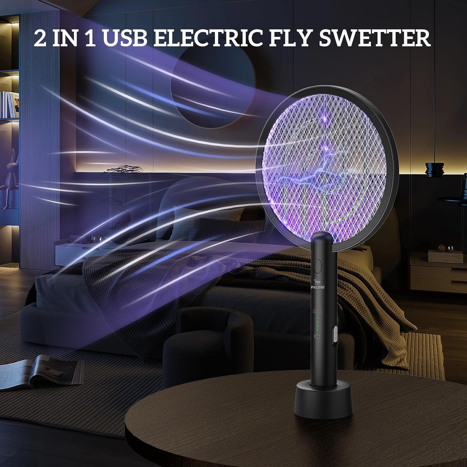 Detalle de PALONE 3-942-B Electric Fly Swatter, 4000V Dual Modes, Type-C Dock