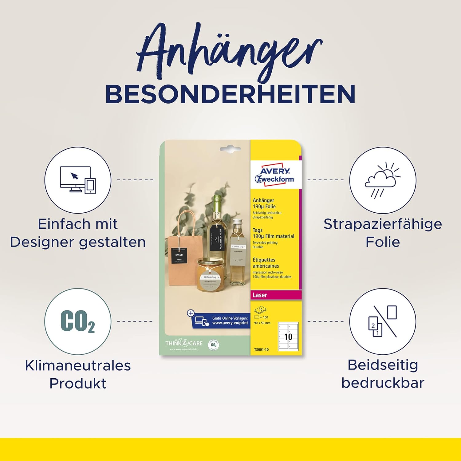 Thumbnail 1 de AVERY Zweckform T3002-10 stabile Anhänger: 100 Stück inklusive Schnüre – wetterfest & beidseitig bedruckbar