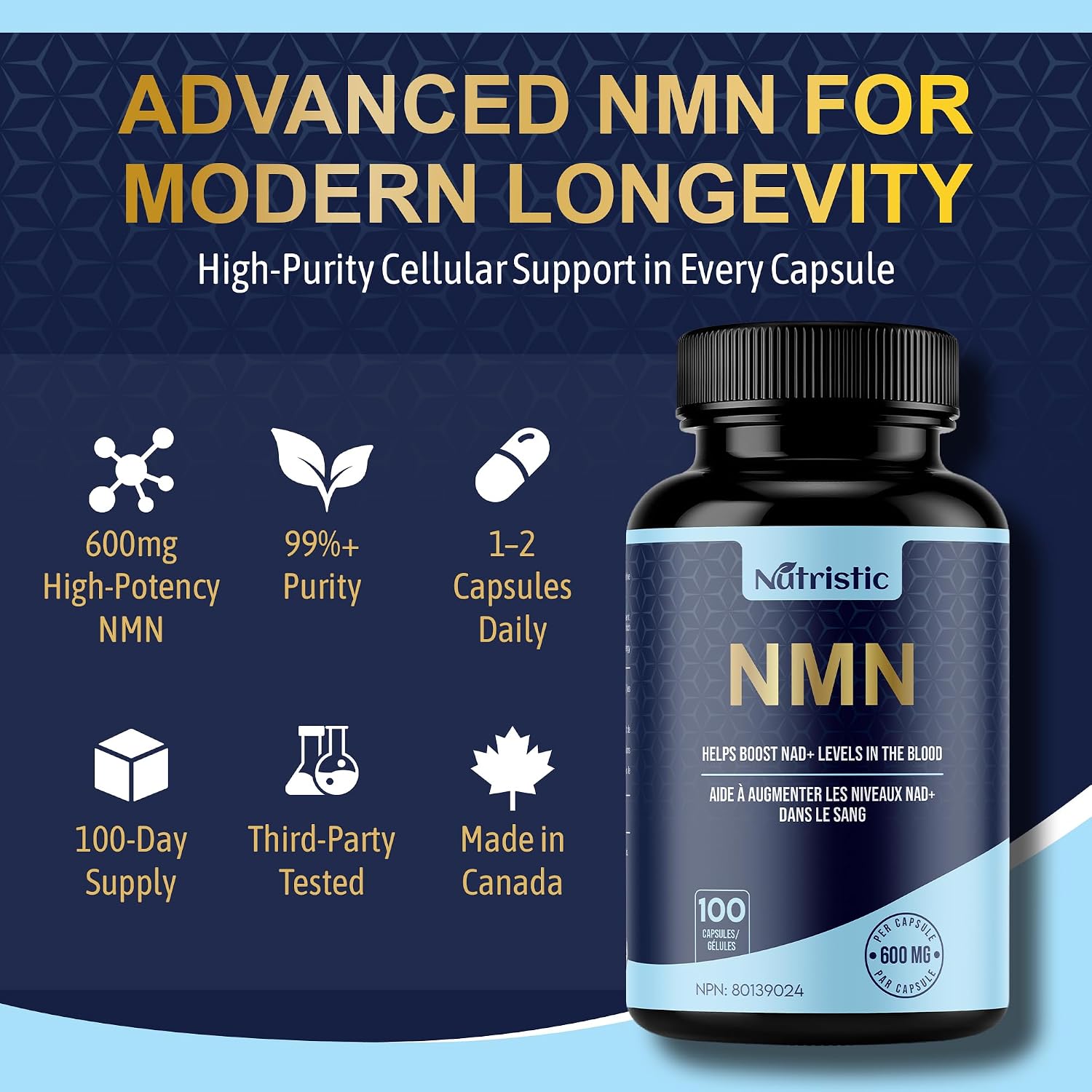 Detalle 2 de Nutristic NMN Capsules, 600 mg per Capsule, 100 Count, 99%+ Purity