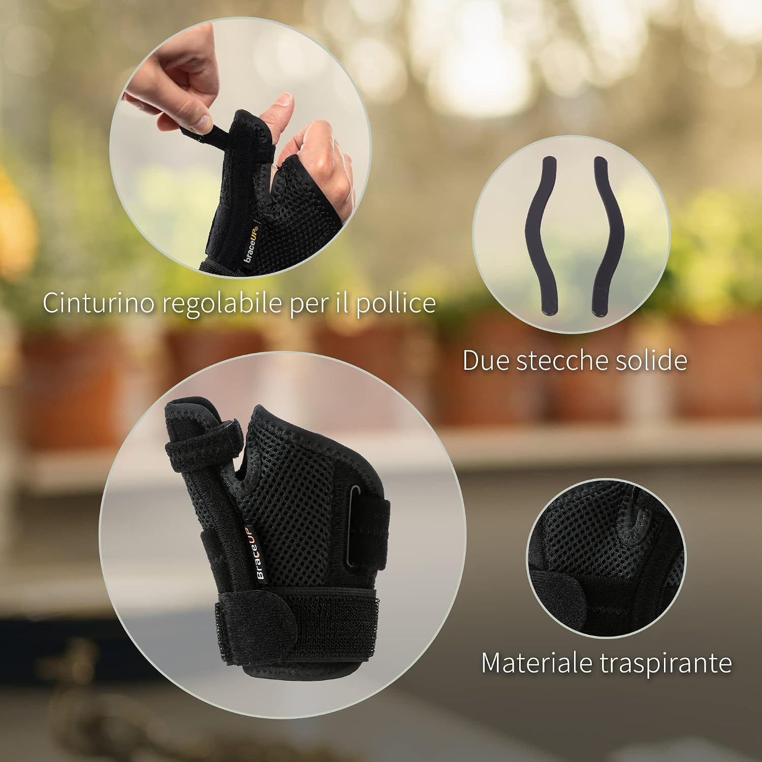 Detalle de BraceUP tutore pollice destro e sinistro con stecche per rizoartrosi, spica e supporto al tunnel carpale (rosa)