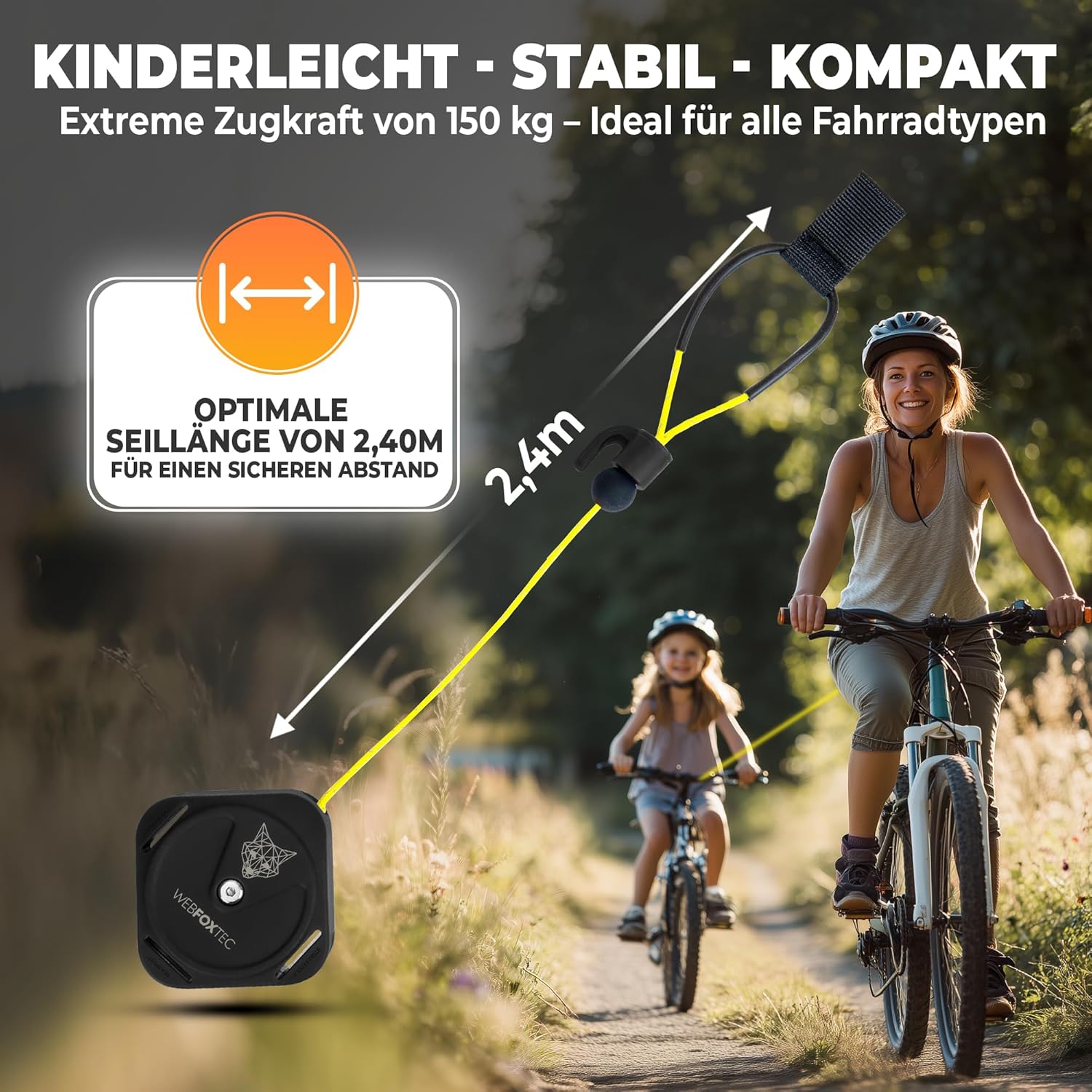 Detalle 2 de Fahrrad Abschleppseil Kinder – Universal 2,4 m zum gemeinsamen Fahren