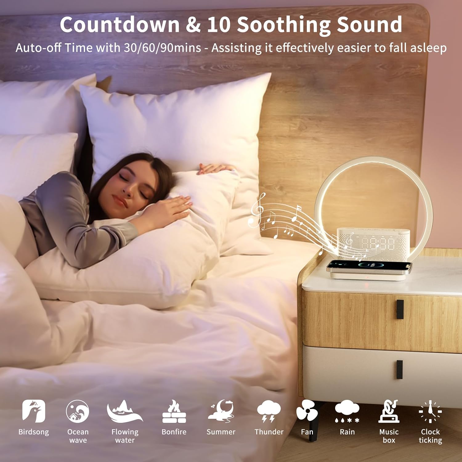 Detalle de blonbar Alarm Clock & Wake-up Light (Beige) – Sunrise Lamp with Dual Alarms and Wireless Charge