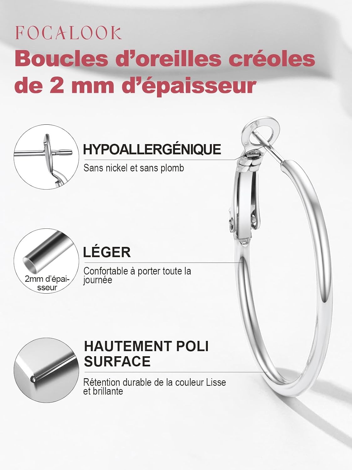Detalle 2 de FOCALOOK Créoles femme 30 mm Argent