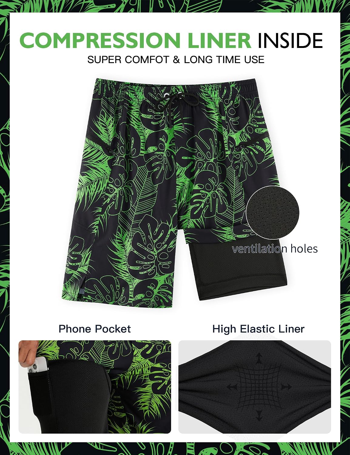 Detalle de APTRO Men's 9" Swim Shorts with Compression Liner, Zip Pocket & Quick-Dry Fabric
