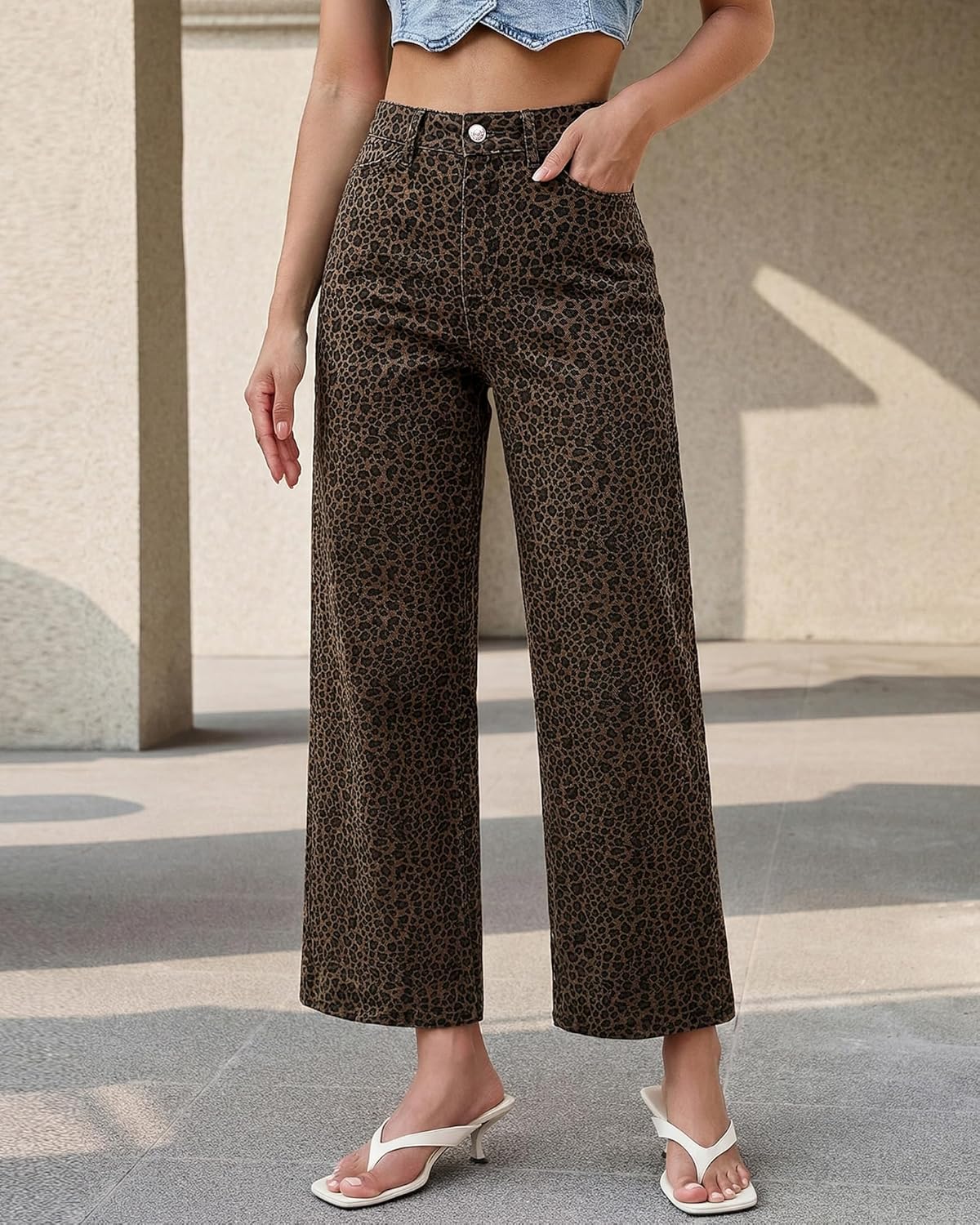 Thumbnail 6 de luvamia Wide Leg Jeans for Women: High-Waisted Leopard Print Denim, Ankle-Length with Pockets