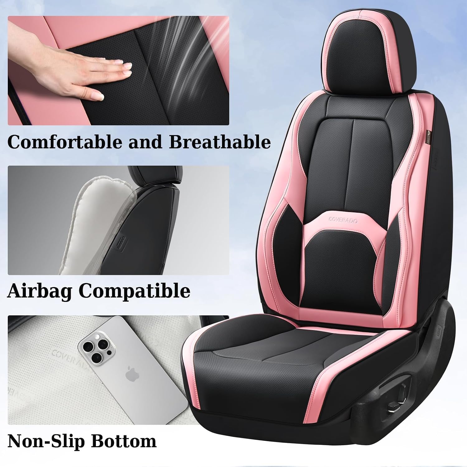 Detalle de Coverado Car Seat Covers Full Set — Waterproof Nappa Leather with Lumbar Support (Black & Pink)