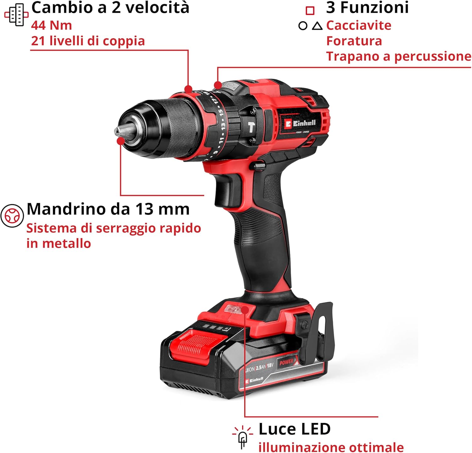Thumbnail 2 de Einhell TE-CD 18/44 Li-i: trapano avvitatore a percussione cordless Power X-Change (1x2,5Ah)