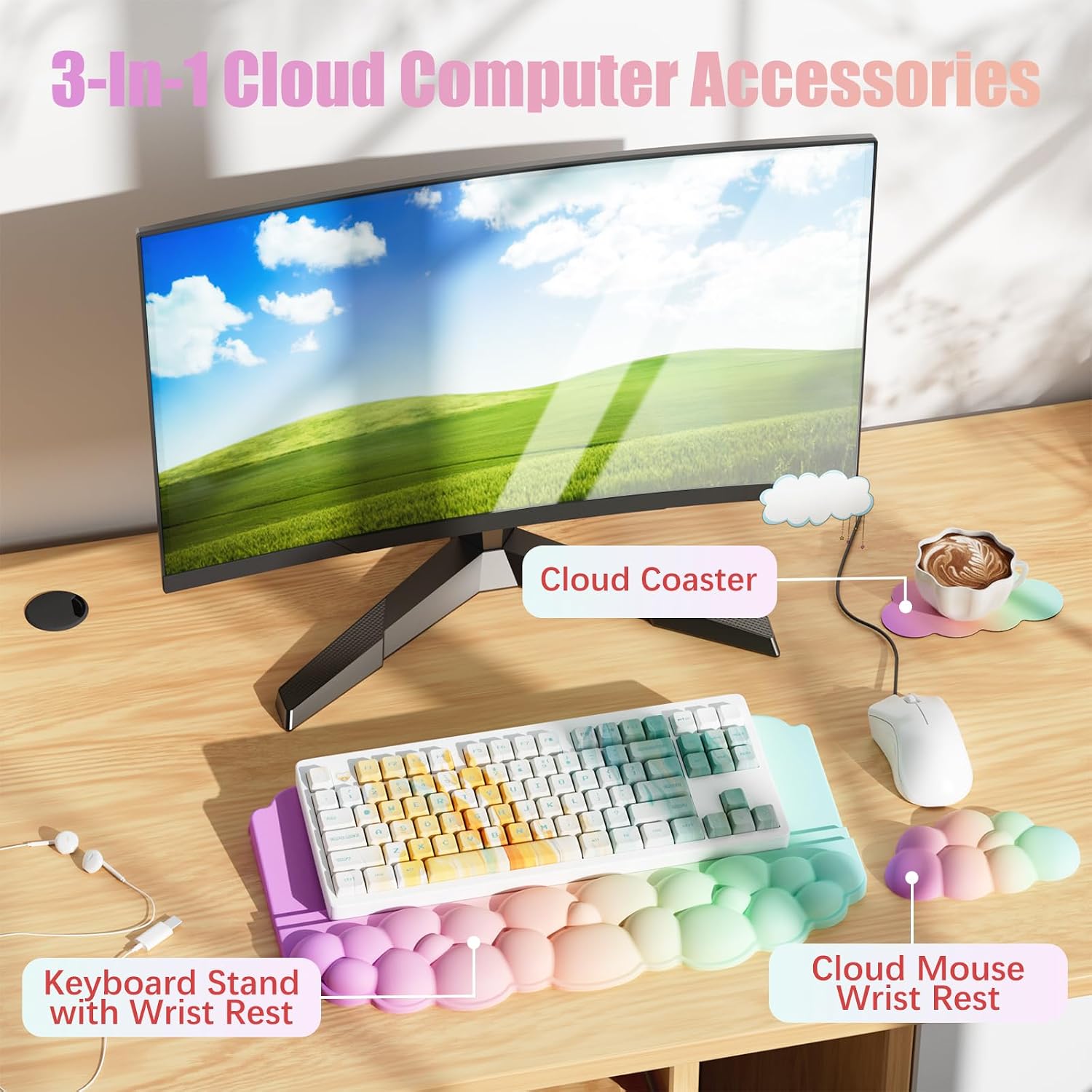 Detalle 2 de Lomil WR01C Cloud Keyboard Wrist Rest Set, Memory Foam, Rainbow